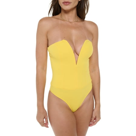 Yellow Small Size Women s Strapless Deep V-Neck Bodysuit  Sexy Casual Cute Going Out Top Body Suit  Trendy Spring Summer 2024