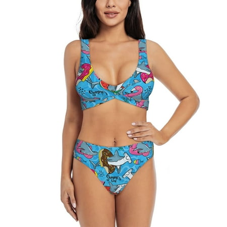 Zeuib Sharks Summer High Waisted Tummy Control Bikini Set - Knot Front Push Up Top & Cheeky Thong Bottom  Two-Piece Swimsuit for Women-X-Large