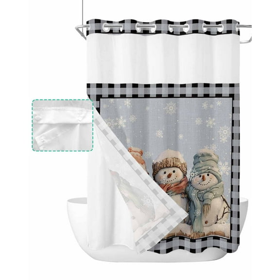 No Hook Shower Curtain with Snap in Liner, Christmas Cartoon Snowman Black Plaid Hotel Shower Curtains for Bathroom, Washable Shower Curtain Liner Set with Mesh Top Window, 60"x72"