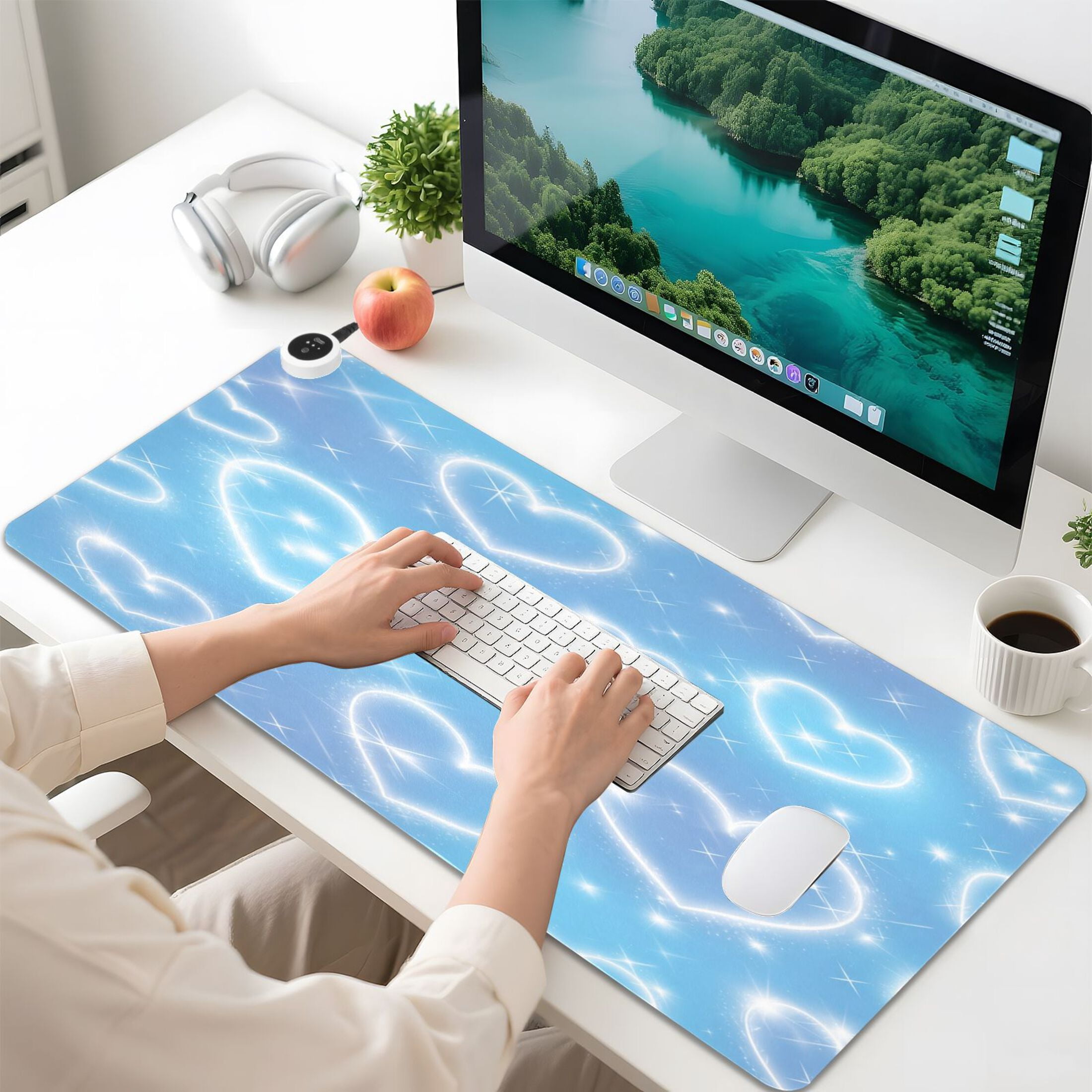 Large Heated Desk Mat Mouse Pad 31.5"x13"PU Leather Graphene Heating Desk Warmer with 3 Temperature Settings 110V US Plug Non-Slip Warm Pad for Home, Office, and Gaming Blue Diamond Heart Shower