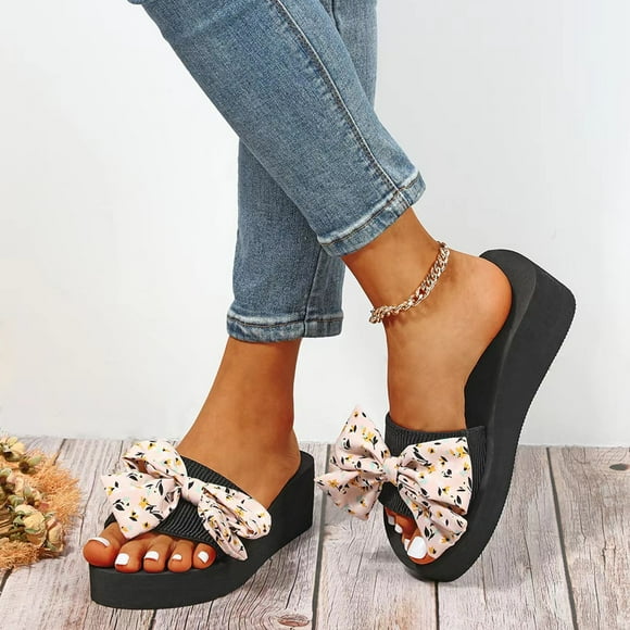 YOUSNH Bohemian Slippers for Women Ladies Flip Flops Open Toe Flowers Summer Sandals Casual Shoes Slippers for Women Women's Slippers Black 7.5