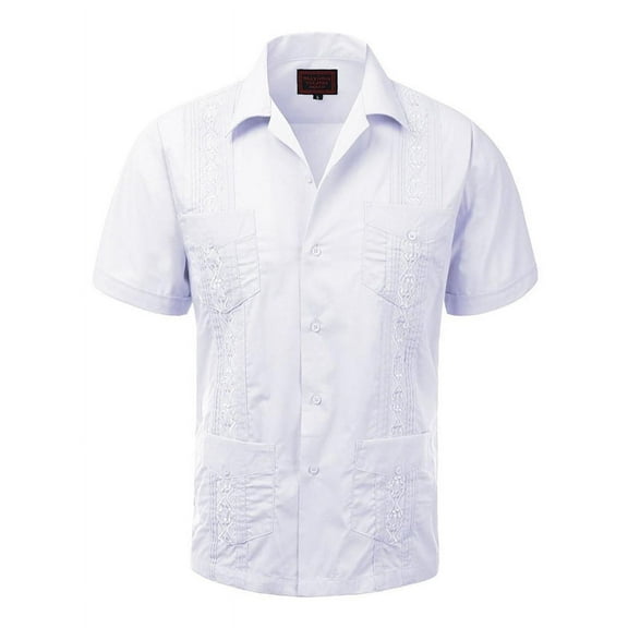 Guayabera Men's Cuban Beach Wedding Short Sleeve Casual Dress Shirt White S