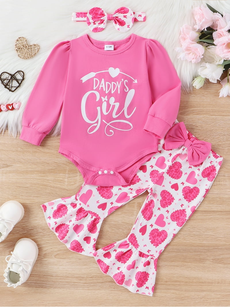 Bslissey Baby Girl Pants Set Long Puff Sleeve Letter Print Romper