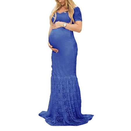 

Avamo Women Maternity Long Dress Short Sleeve V Neck Lace Elegant Gown Maxi Photography Dress Summer Floral Mermaid Sundress