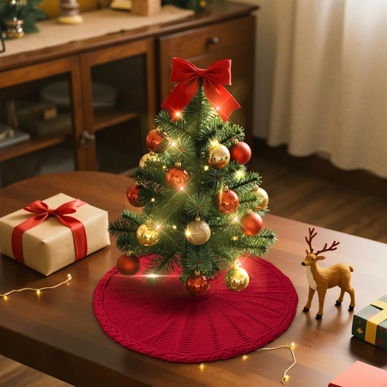 Tapis De Sapin De Noel LimBridge Jupe De Sapin De Noël, 121,9 Cm, Tricot Torsadé épais, Décoration De Vacances Rustique, Bordeaux Tapis Sapin De Noel