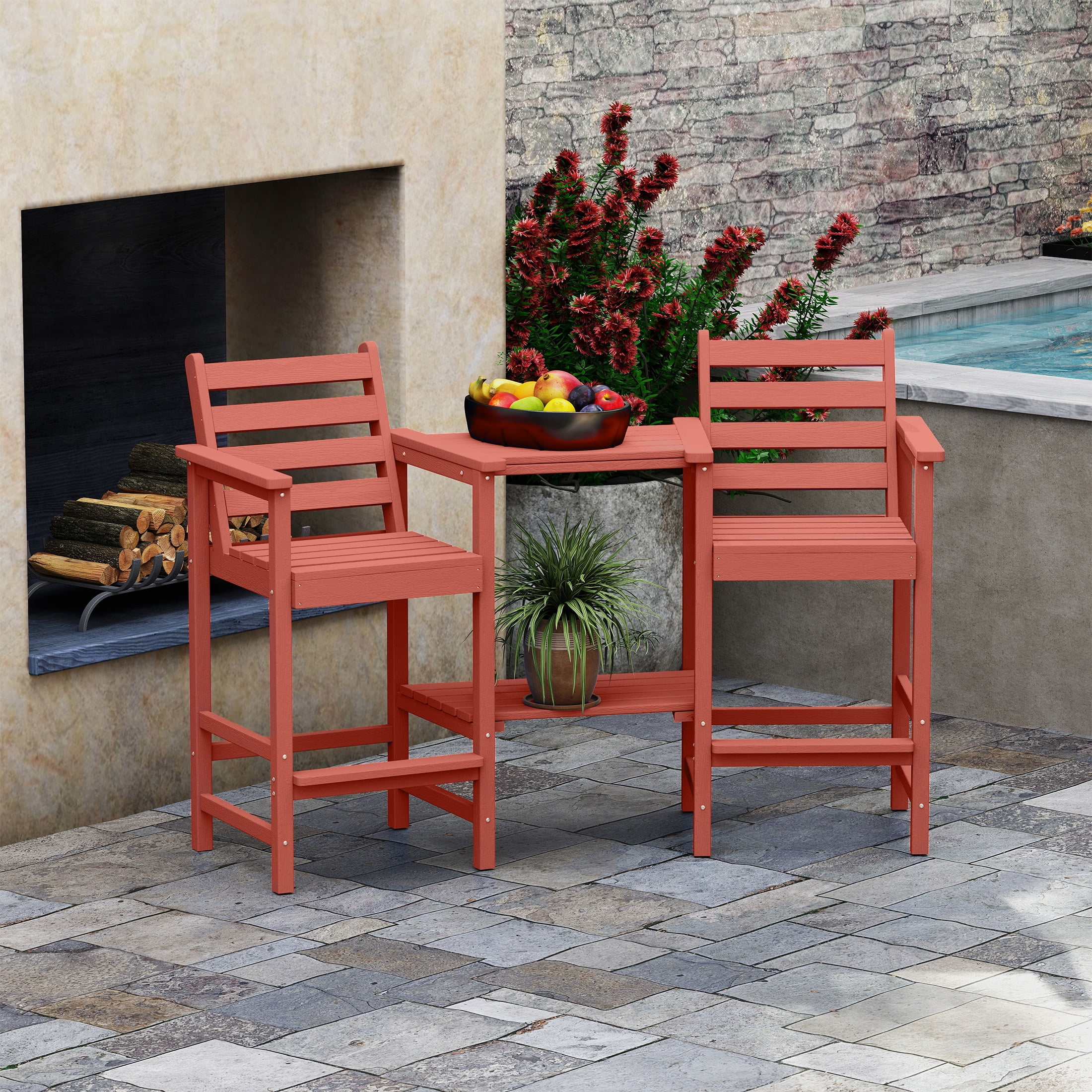 AreShark HDPE Tall Adirondack Chair Set with Removable Double Trays (Set of 2) Dark Red