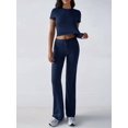 thumbnail image 4 of Women'S 2 Piece Lounge Sets Short Sleeve Tops Fold-over Flare Pants Casual Outfits Matching Set Dark Blue XL, 4 of 10