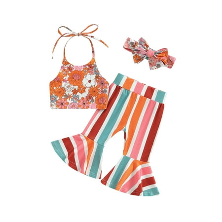 

Bagilaanoe 2pcs Toddler Baby Girl Long Pants Set Floral Print Sleeveless Vest Tops + Striped Flare Trousers 6M 12M 18M 24M 3T 4T 5T Kids Casual Outfits
