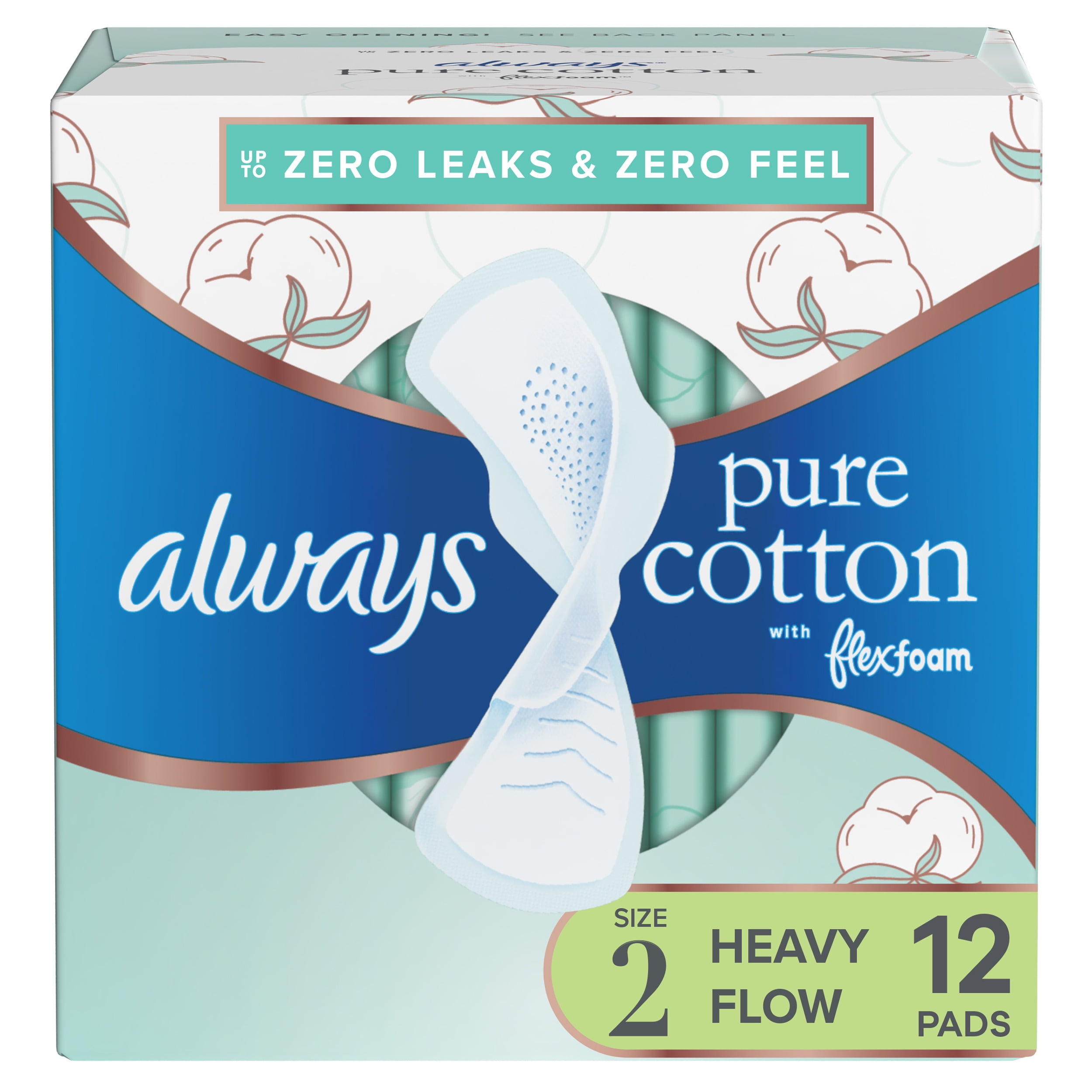Always Pure Cotton Feminine Pads for Women, Size 2, Heavy Flow, with Wings, Unscented, 12 Ct