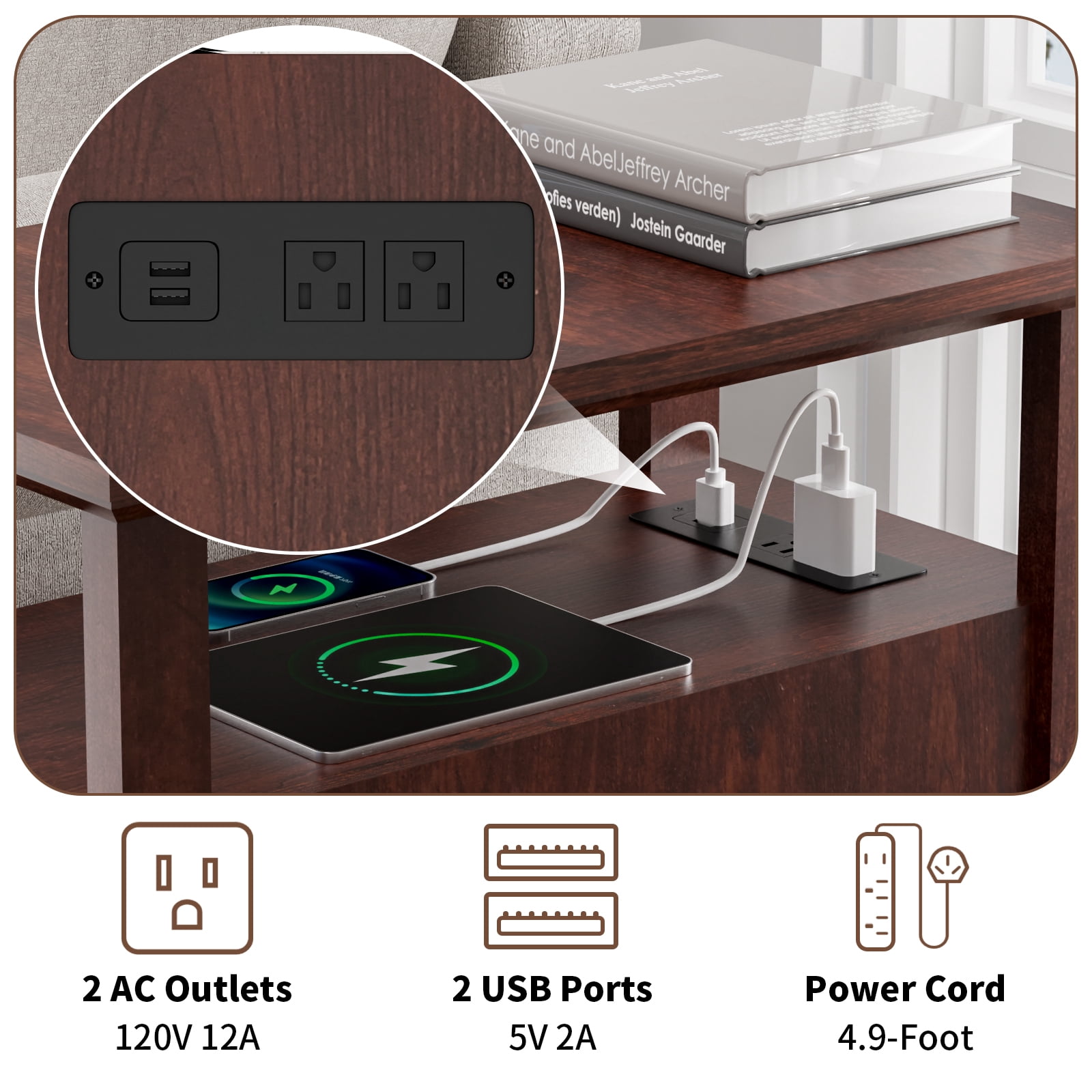 Hommpa 2 Drawers End Tables With Charging Station For Living Room, Farmhouse Narrow Sofa Side Table For Small Spaces, Nightstand Bedside Table with Storage For Bedroom, Brown