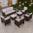 thumbnail image 3 of EAGLE PEAK Ocean Vista 8 piece Patio Variated Brown Wicker Sofa Set Dining Chairs, Swivel Chairs, Beige Cushions, 3 of 11