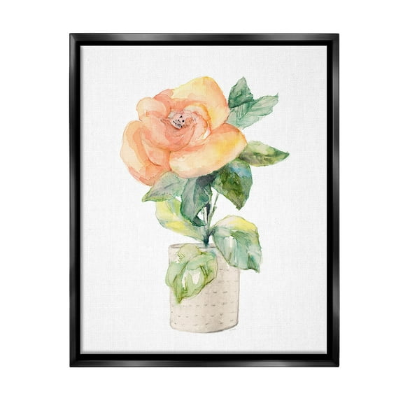 Stupell Industries Rose Sprig in Planter Botanical & Floral Painting Black Floater Framed Canvas Art Print Wall Art, 17 x 21