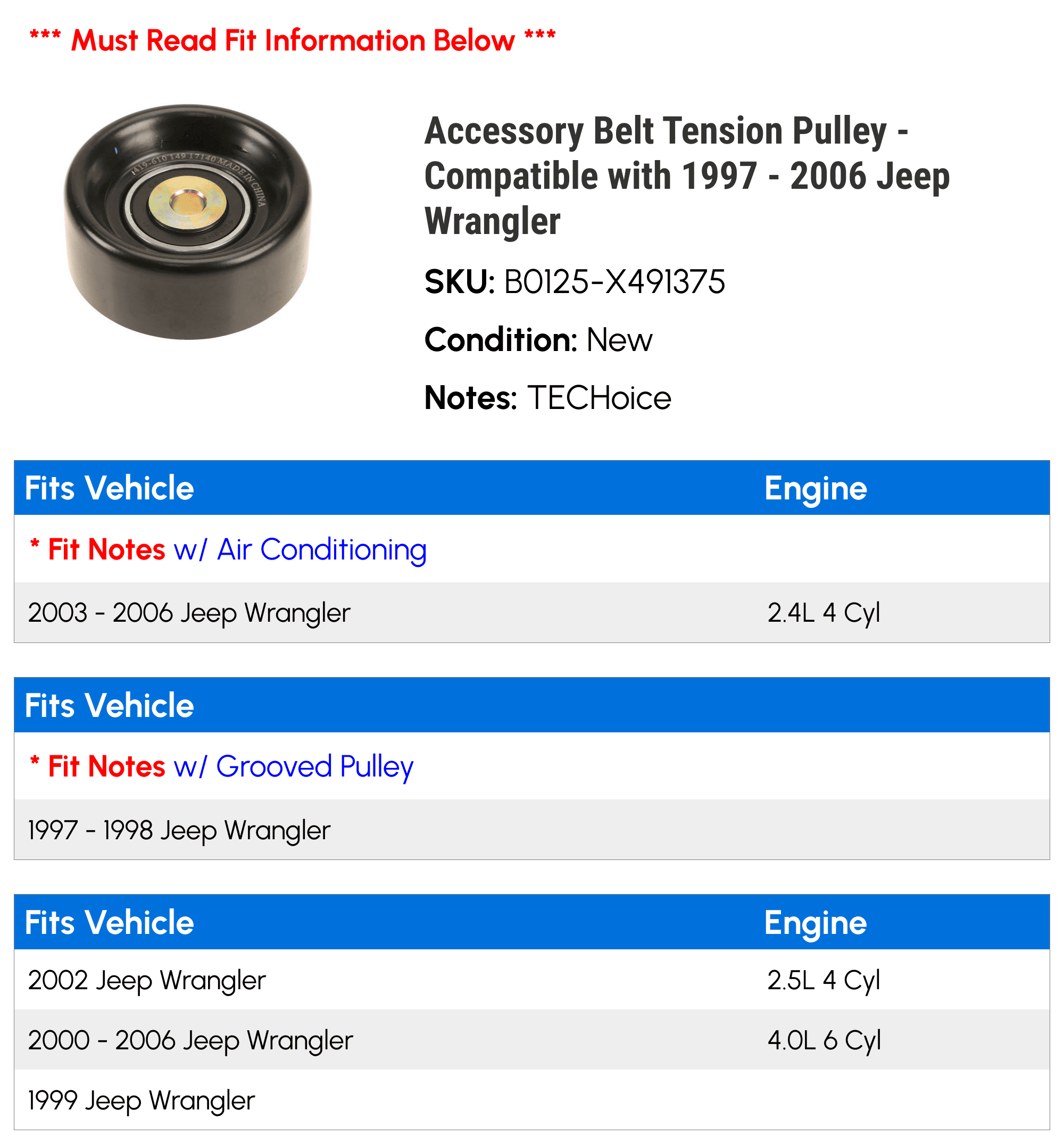 Accessory Belt Tension Pulley - Compatible with 1997 - 2006 Jeep Wrangler 1998 1999 2000 2001 2002 2003 2004 2005