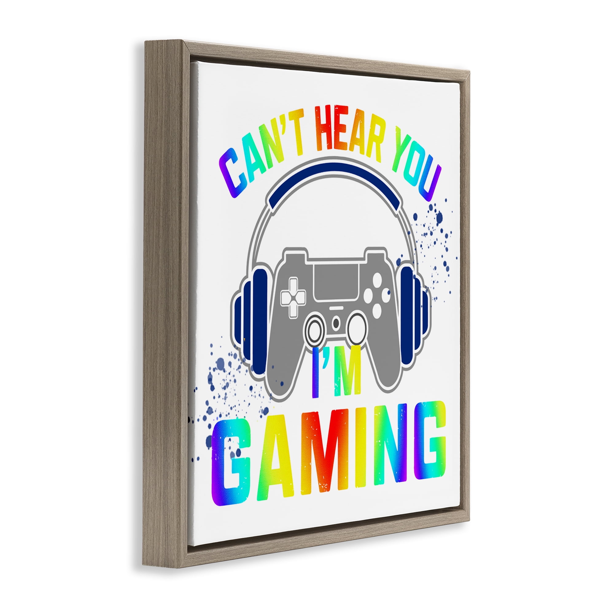 Rainbow Can't Hear You Gaming Brown Framed Floater Canvas Wall Art, design by Kim Allen