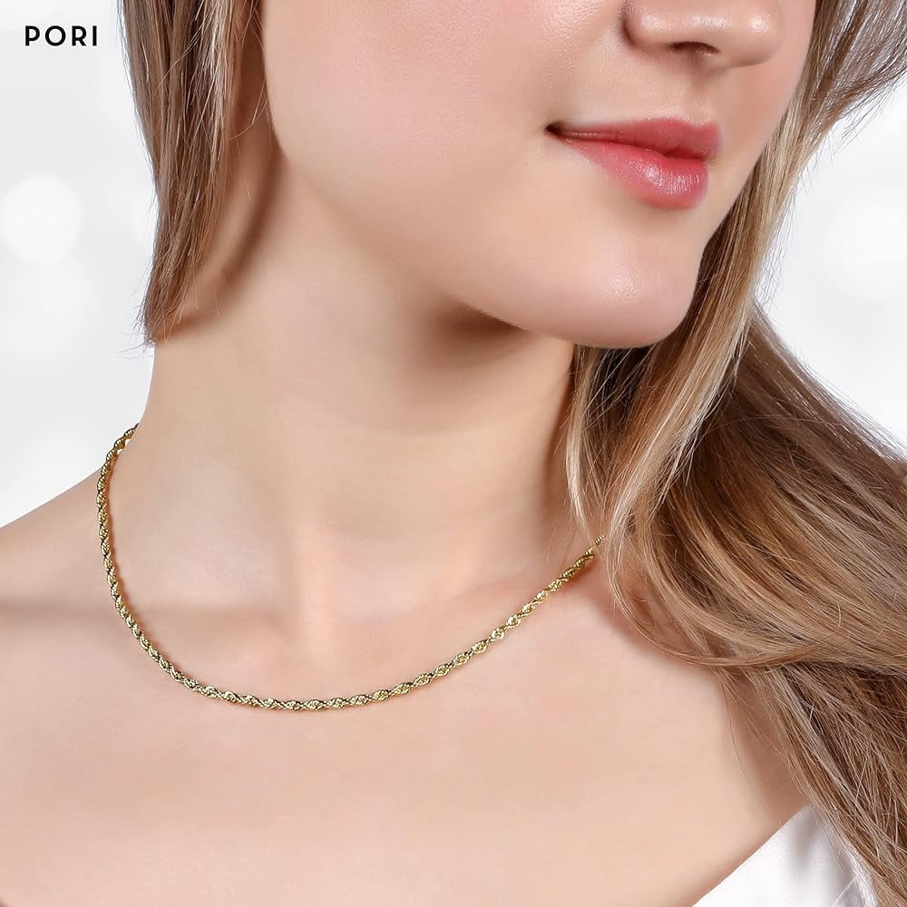 PORI JEWELERS 14K Yellow Gold 1.5MM, 2MM, 2.5MM, 3MM, 4MM, or 5MM Hollow Diamond Cut Rope Chain Necklace - Sizes 16" -30"