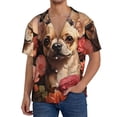 thumbnail image 1 of Balery Vintage Red Flower Chihuahua Camisa Casual de Manga Corta con Botones para Hombre, Texturizada, Estilo Cubano, para Playa, Verano-Medium, 1 of 5