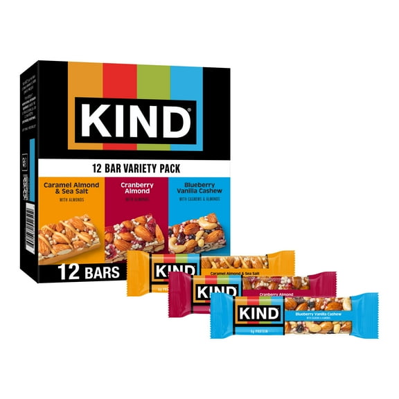 KIND Cranberry Almond, Caramel Almond & Sea Salt, Blueberry Vanilla Cashew Nut Bars, 12 Count