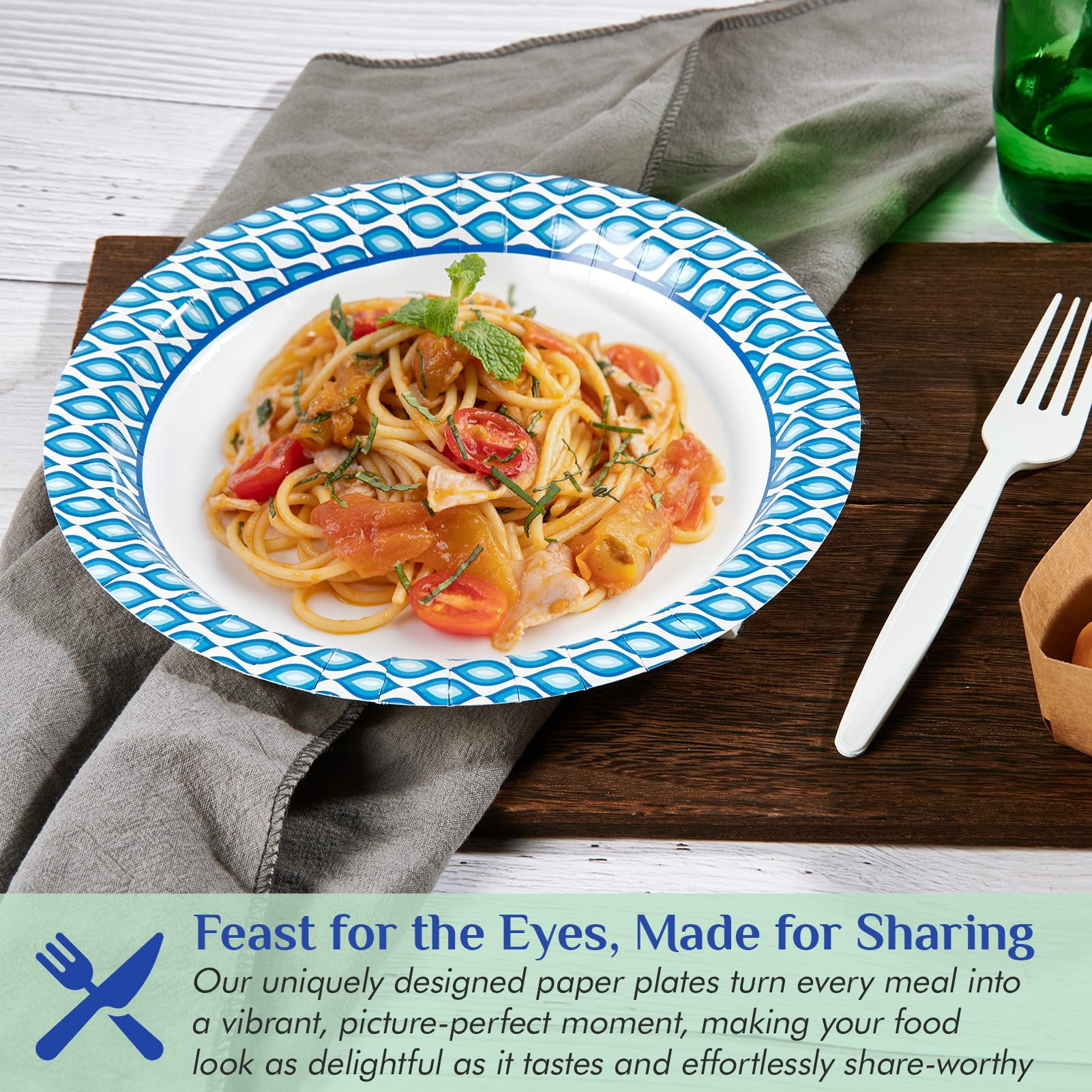 10 Inch Disposable Paper Plates 150 Count (Pack of 1) Blue Edge Print