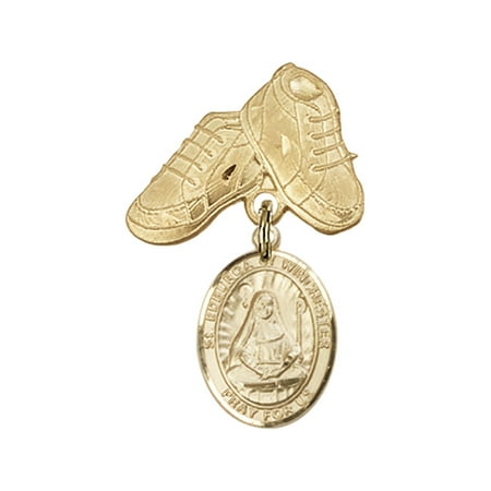 14kt Yellow Gold Baby Badge with St. Edburga of Winchester Charm and Baby Boots Pin 1 X 5/8 inches