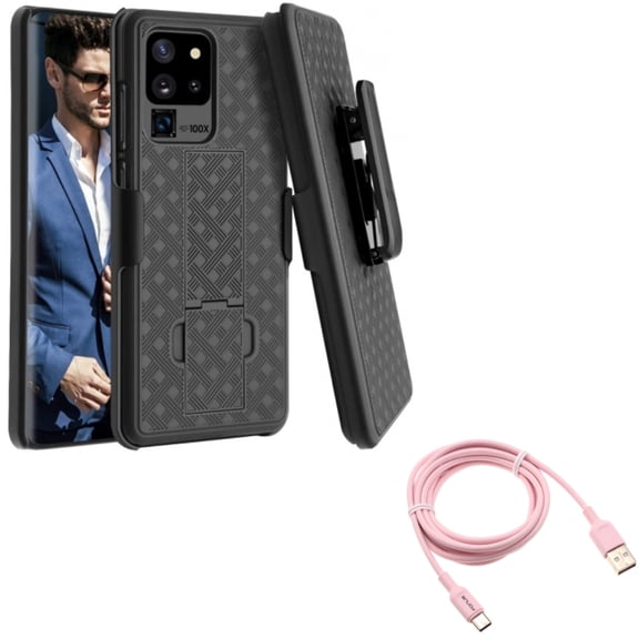 6ft USB-C Cable w Case Belt Clip for Samsung Galaxy S20 Ultra - Pink Charger Cord Power, Holster Swivel Cover fits Samsung Galaxy S20 Ultra
