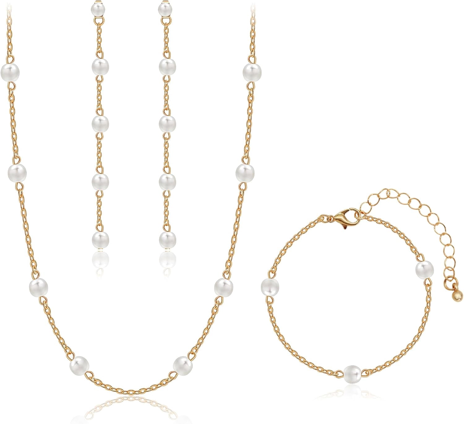 Oviya Women’s Gold Plated Pearl Necklace & Earrings Set – White Pearls, Brass Alloy, 24K Gold Plated