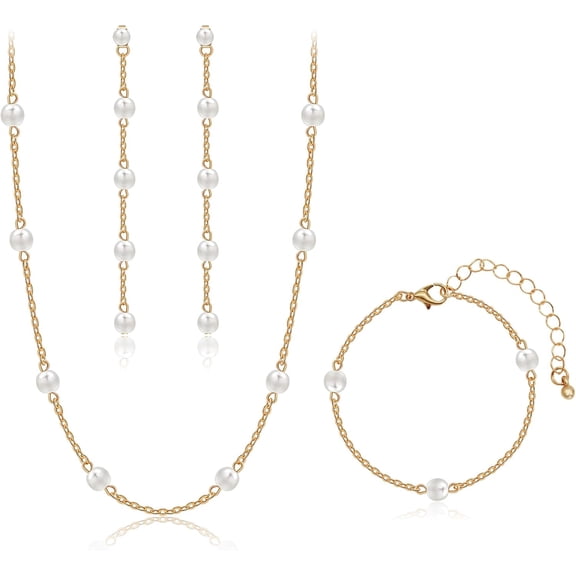 Gold Jewelry Set for Women - 14K Gold Plated Pearl Necklace & Earring Set with Drop Earrings, Bracelets, Choker Necklace - Dainty Wedding Pearl Jewelry[p656]