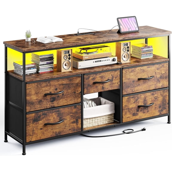 JessieMal TV Stand for 50" Inch TV, Entertainment Center with LED Lights & Power Outlets, 5 Drawers Dresser for Bedroom Dresser with Shelves for Living Room, Hallway, Rustic Brown