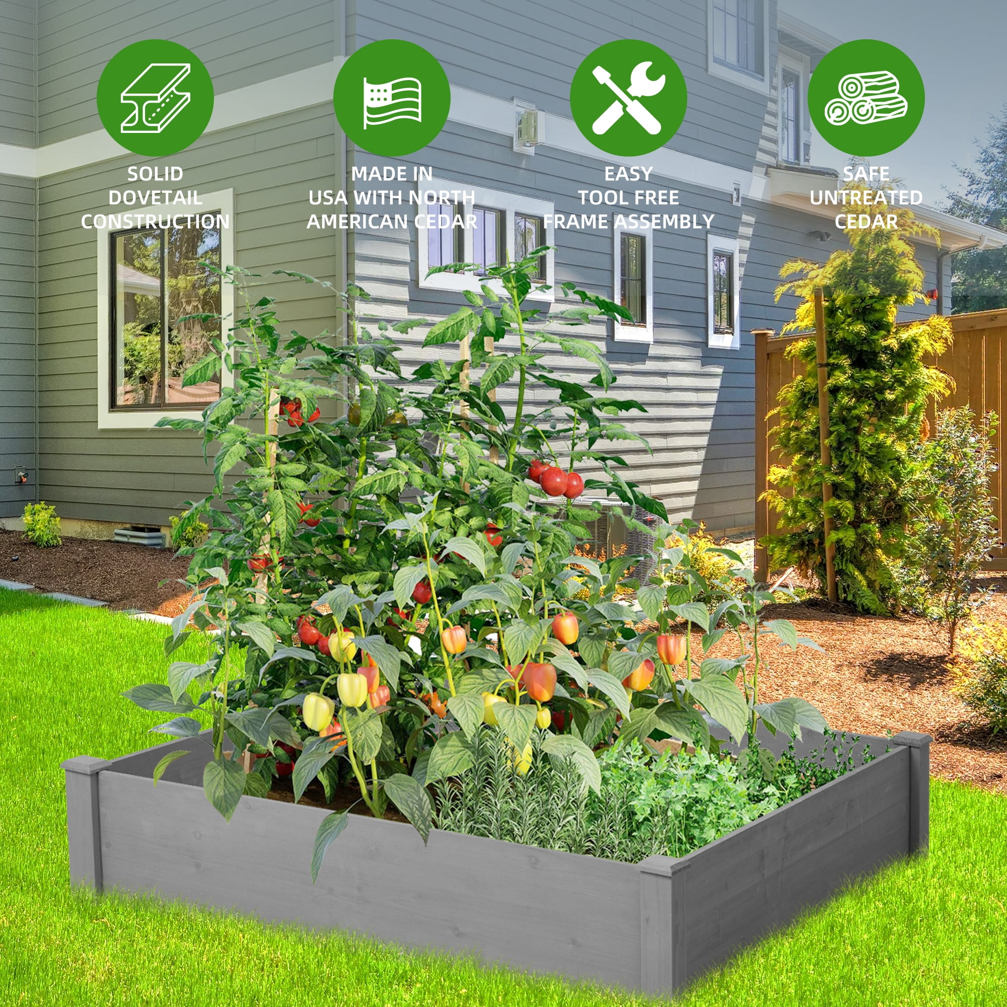 Raised Garden Bed 48x48x10 Inch Outdoor Wood Planter Box Over Floor Tool Free Assembly Sturdy Natural Wood Planting Box for Patio Yard Garden Vegetables Flowers Herbs