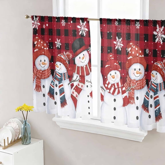 Red Plaid Christmas Snowman Sheer Curtains 54 Inch Length 2 Panels Set, Snowflake Winter Voile Window Treatment Rod Pocket Short Kitchen Curtains Drapes for Bedroom 52"x54"x2