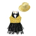 thumbnail image 3 of YONGHS Kids Girls Sequins Tassel Hem Dress Rumba Samba Salsa Cha Cha Latin Jazz Leotard with Hat Set Gold 12, 3 of 5