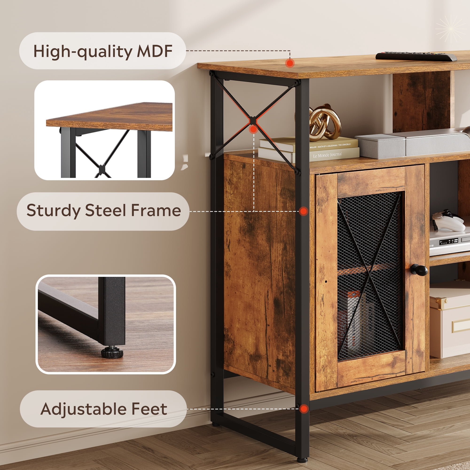 GALAXHERO TV Stand for 43 inch TV Small Entertainment Center with Storage Cabinet & Adjustable Shelves Farmhouse Industrial TV Table for Living Room and Bedroom, 32" TV Console, Rustic Brown