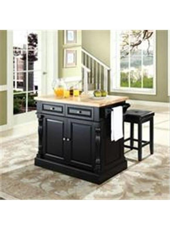 Crosley Furniture  Butcher Block Top Kitchen Island in Black Finish with 24 in. Black Upholstered Square Seat Stools