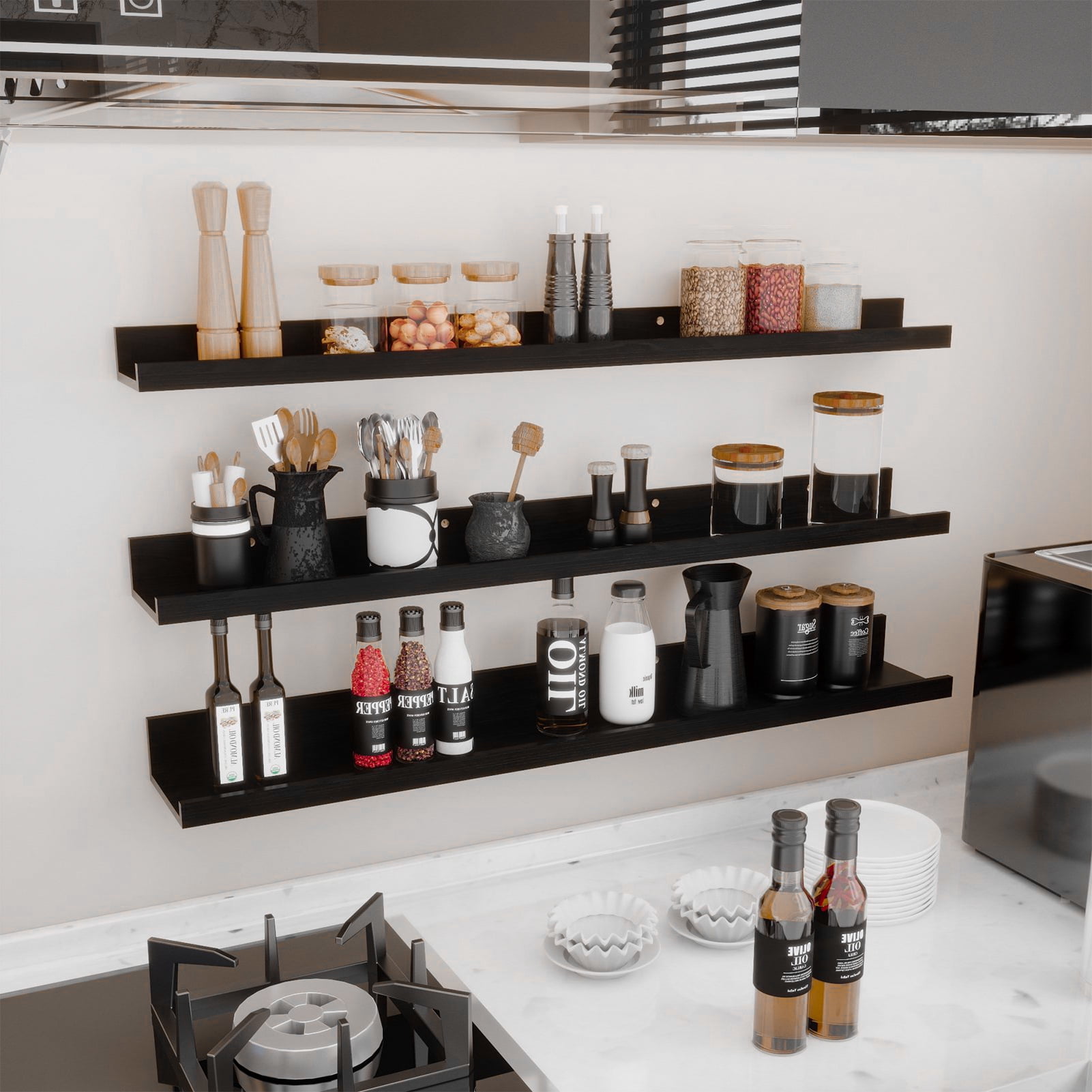 Floating Wall Shelves Set of 3, 36 inch Mounted Picture Ledge Shelf with Lip for Bathroom, Living Room, Kitchen, Black