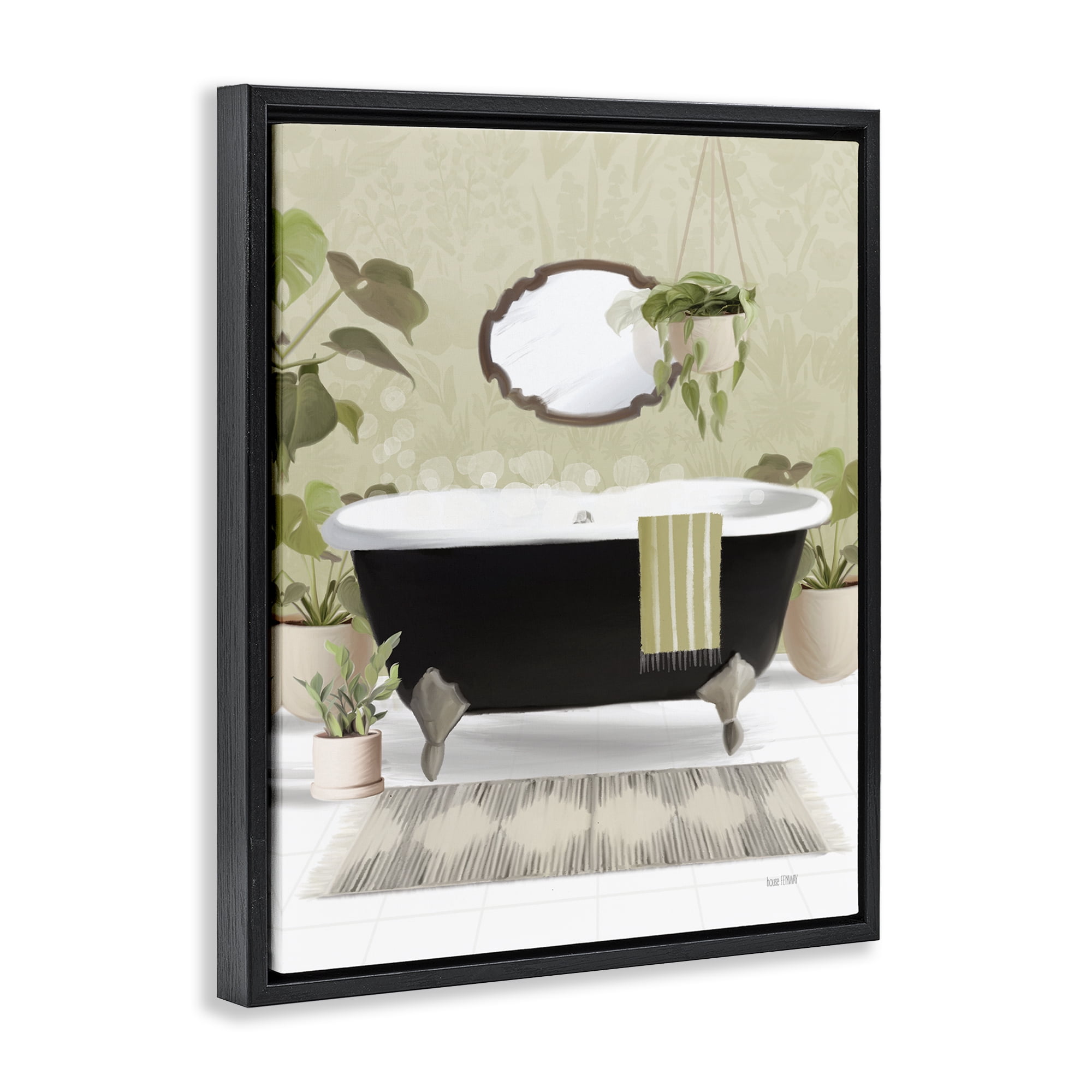 Stupell Industries Relaxing Bathroom Tub Bath & Laundry Painting Black Floater Framed Canvas Art Print Wall Art, 17 x 21