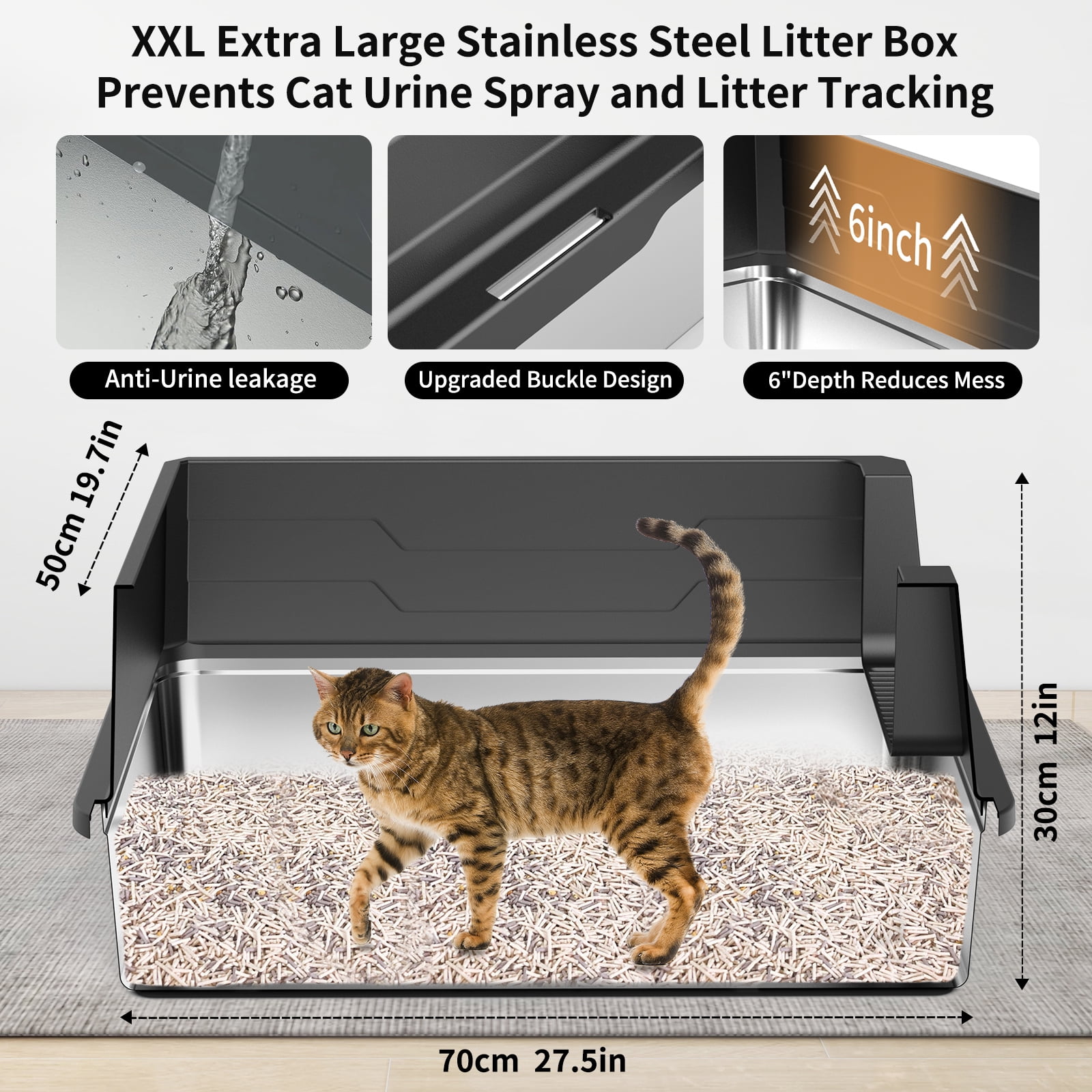 XXL Stainless Steel Cat Litter Box, 27.5" Extra Large Metal Litter Box for Big Cats & Multi-Cat Homes, High Sided Anti-Urine Leakage, Non-Stick Easy Clean, Anti-Tracking, Scoop Included