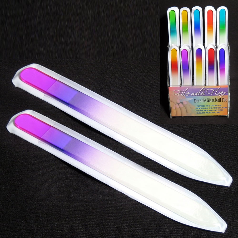 2 Professional Crystal Glass Finger Nail File with Case Pedicure