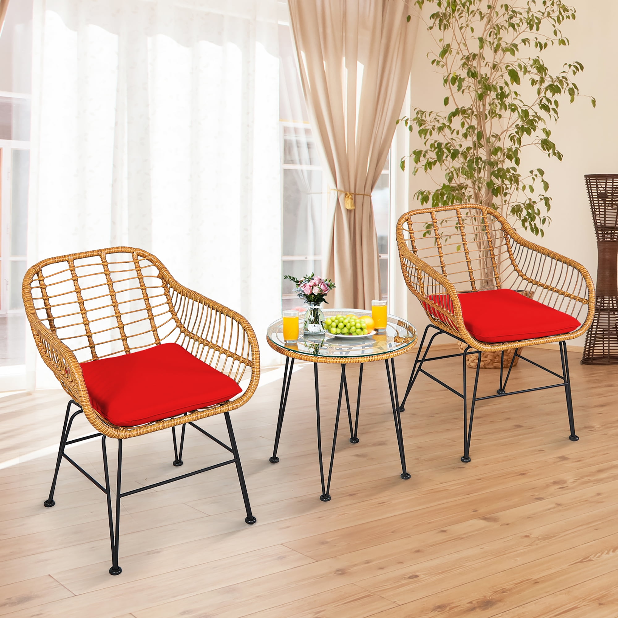 Costway 3PCS Patio Rattan Bistro Furniture Set Cushioned Chair Table Red