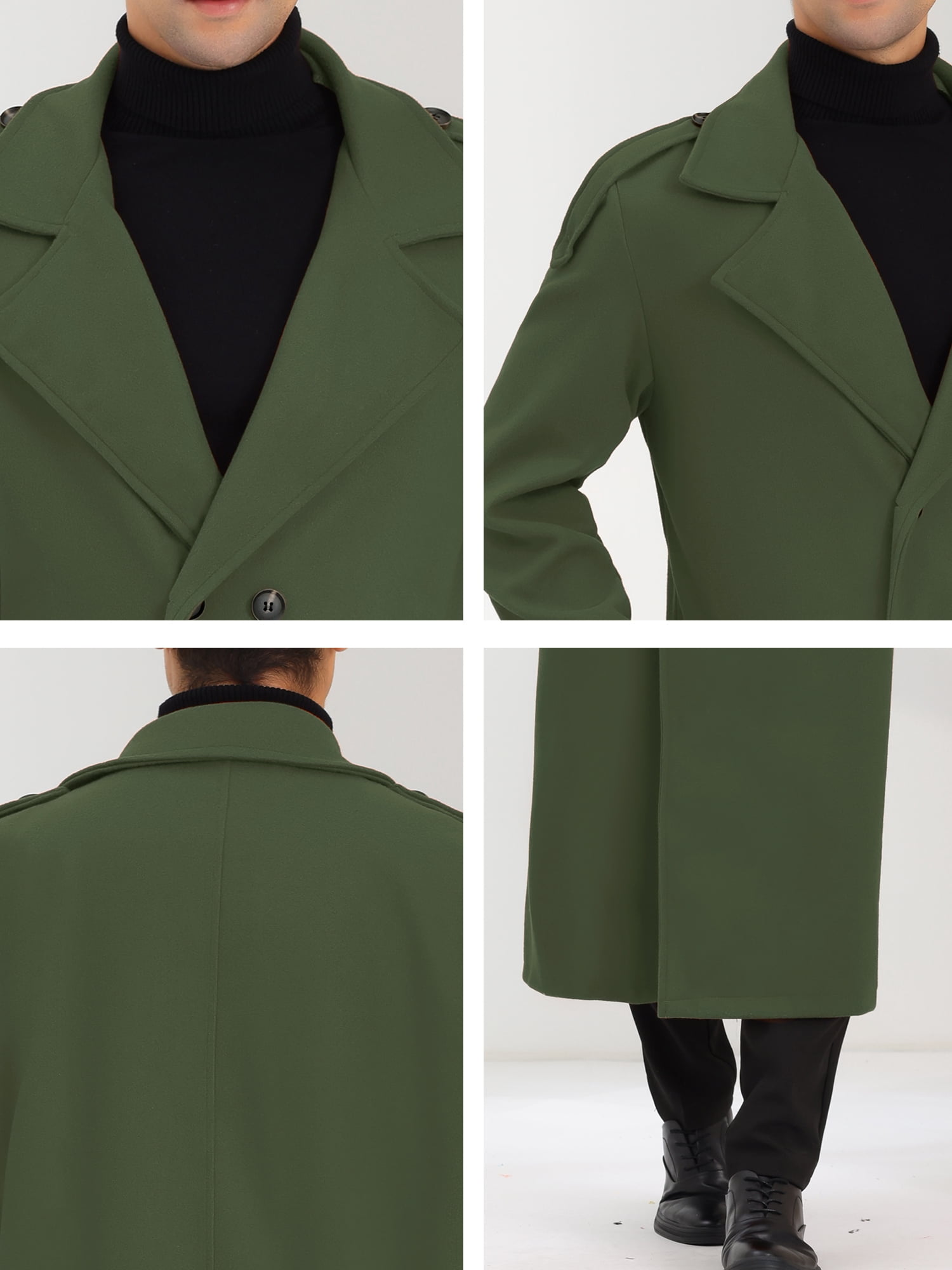 Unique Bargains Men's Pea Coat Notch Lapel Double Breasted Solid Color Overcoat M Olive Green