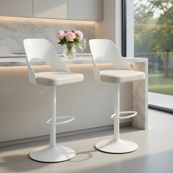 Demi Bonn Bar Stools Set of 2, Enlarged PU Leather Seat with Footrest, Waterproof 360° Swivel Barstools, White
