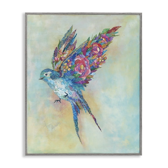 Stupell Industries Eclectic Botanical Swallow Floral Blossom Wings Bird Gray Framed Giclee Art, 24 x 30, by Lisa Morales