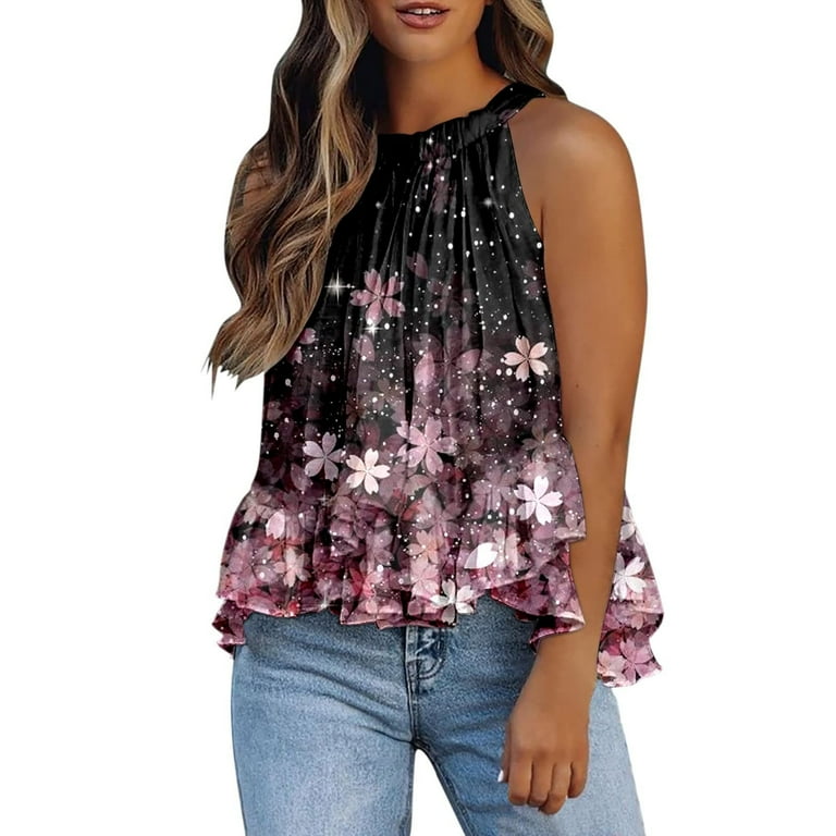 Flowy Tops for Women, Womens Floral Print Halter Neck Sexy Tank Shirt  Sleeveless Casual Loose Fit Tees Summer Wrap Tops 