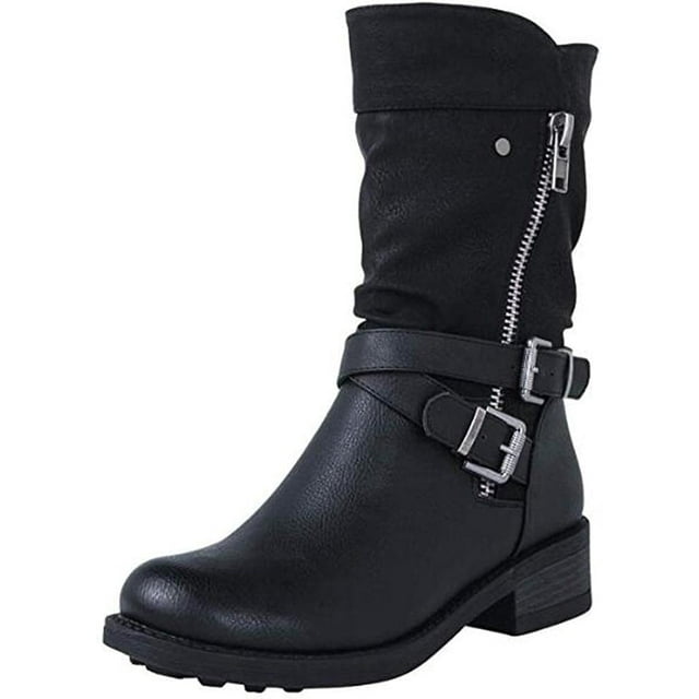 GHSDFBB Boots For Women Vintage Casual Wide Round Toe Chunky Block Low Heels Wide Mid Calf Work Riding Boots Retro Slouchy Ruched Western Cowboy Cowgirls Boots Winter Combat Short Boots For Ladi