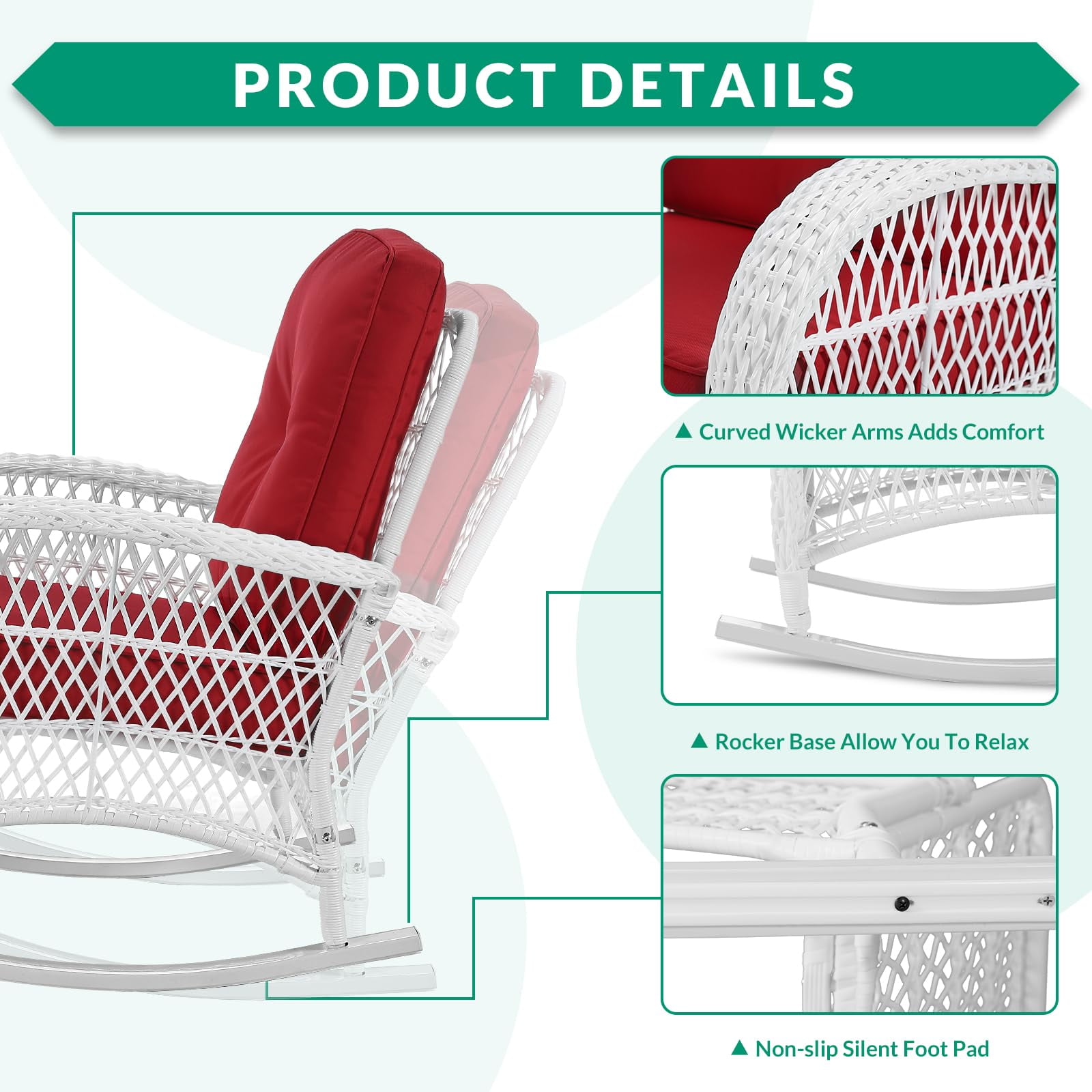 VIVIJASON 3-Piece Outdoor Conversation Bistro Set, Patio Wicker Rocking Chairs Rattan Furniture Sets w/ 2 Rattan Chairs, Cushions, Glass Top Side Table for Garden Porch Backyard (White Wicker/Red)