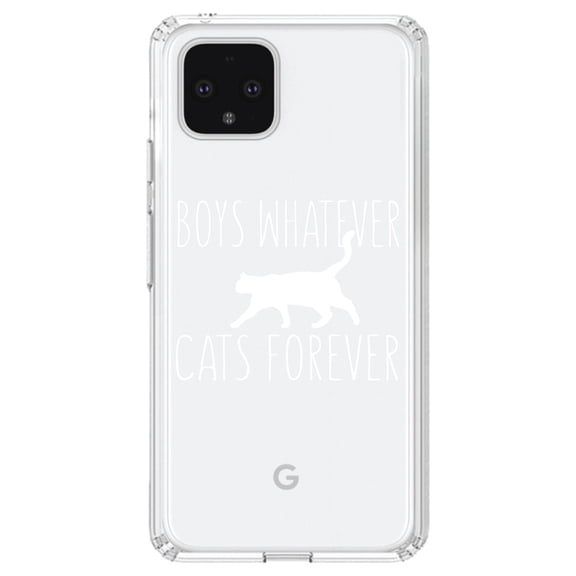 DistinctInk Clear Shockproof Hybrid Case for Google Pixel 4 (6.1" Screen) - TPU Bumper Acrylic Back Tempered Glass Screen Protector - Boys Whatever, Cats Forever