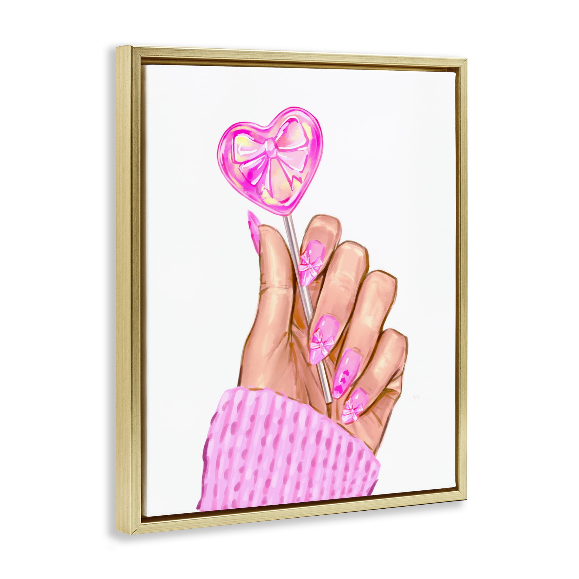 Pink Fashion Bow Lollipop Gold Framed Floater Canvas Wall Art, design by Ziwei Li