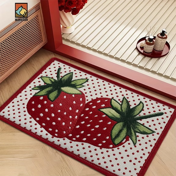 Cute Strawberry Bath Mat, Non-Slip Soft Floor Mat with Strawberry Pattern, Thick Rectangular Rug for Bathroom Living Room Bedroom Entrance Decor