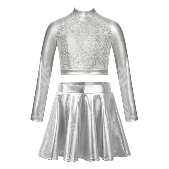 TiaoBug Kids Girls Dance Outfits 2-Piece Party Dress Costume Shiny Sequin Crop Tops with Metallic Skirt Set Silver 12