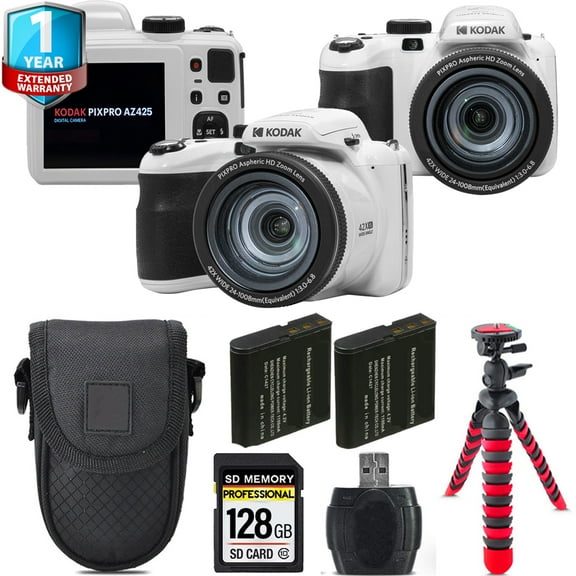 Kodak PIXPRO AZ425 Digital Camera (White)   Extra Battery  1 Yr Warranty   Case -128GB