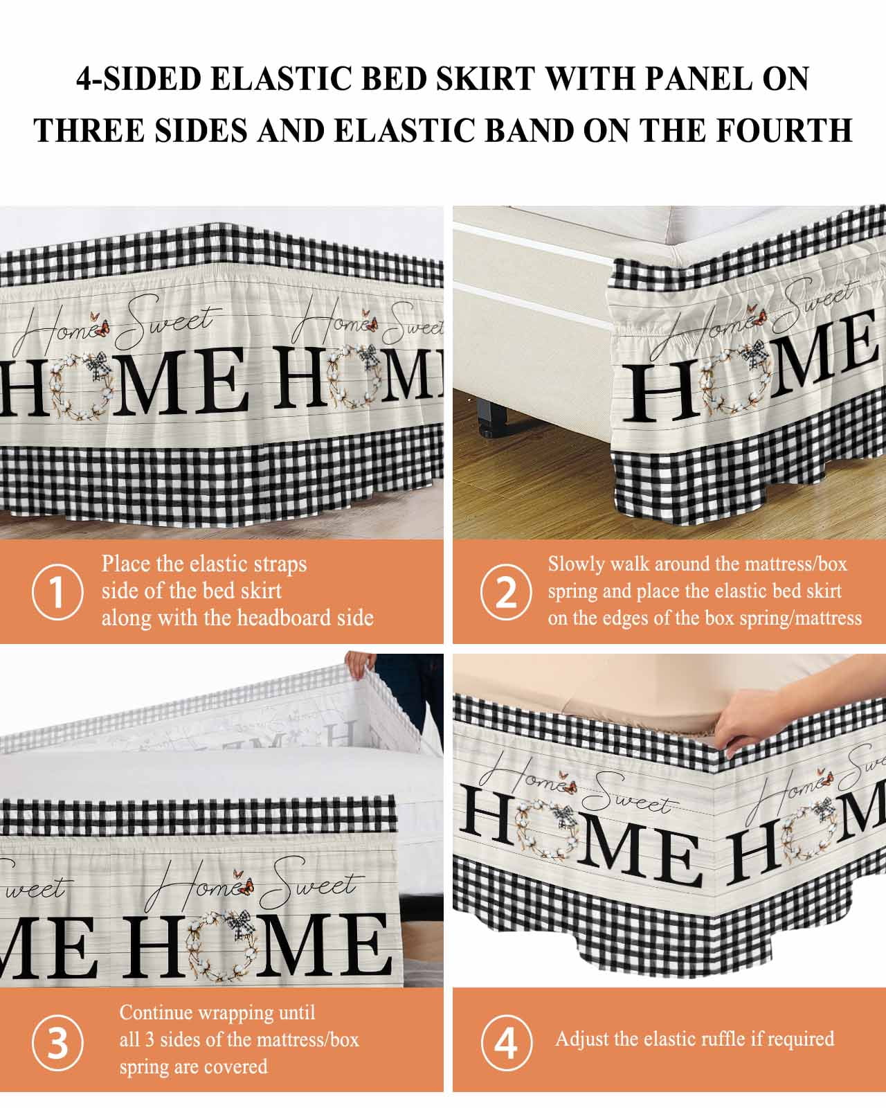 Farmhouse Home Wrap Around Bed Skirts for Queen Bed 16" Drop,Bed Skirt with Adjustable Elastic Belt Dust Ruffle Bed Valance for Bedroom Hotel Black Plaid Vintage Wood Grain Butterfly Bed Frame Cover
