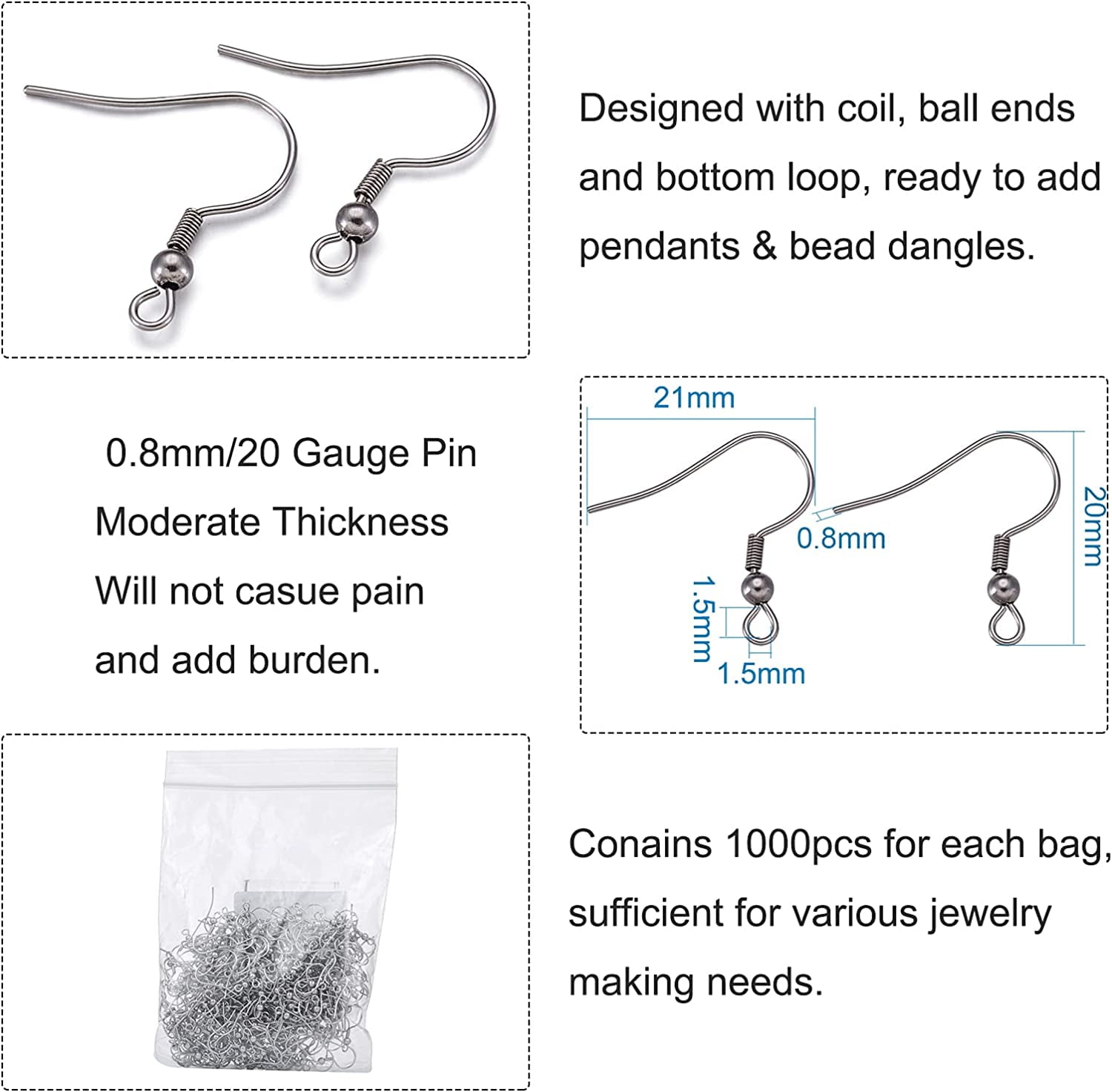 1000Pcs 304 Stainless Steel Earring Hooks with Ball and Coil Tube